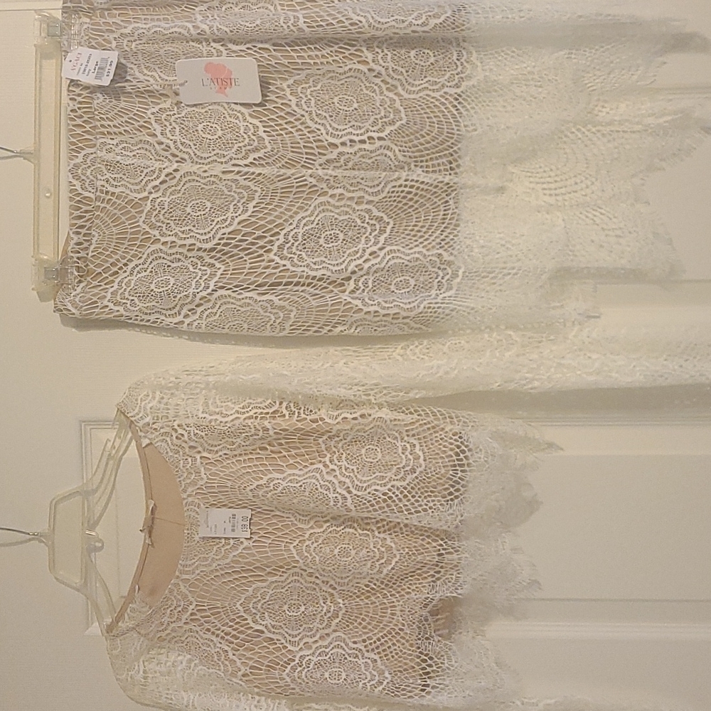 A'gaci blouse and skirt, ivory and tan, lace,